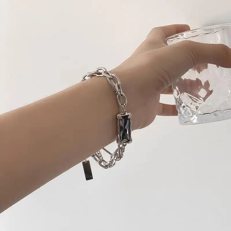 Silver Titanium Steel Bracelet with Black Zircon Geometric Chain Design Unisex