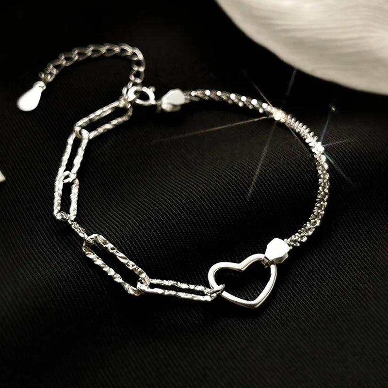 925 Sterling Silver Double Heart Bead Bracelet