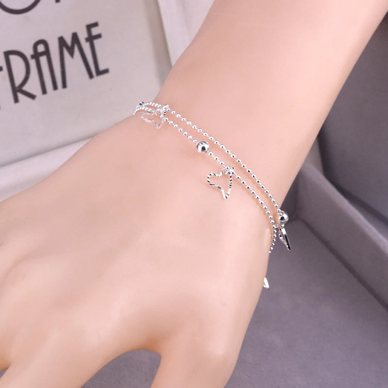 925 Sterling Silver Double Heart Bead Bracelet