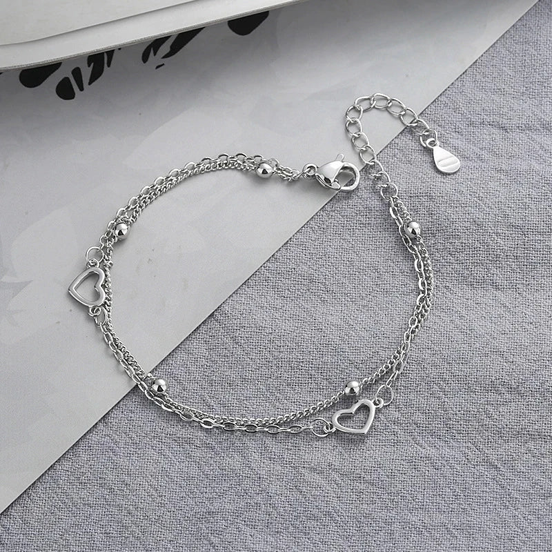 925 Sterling Silver Double Heart Bead Bracelet