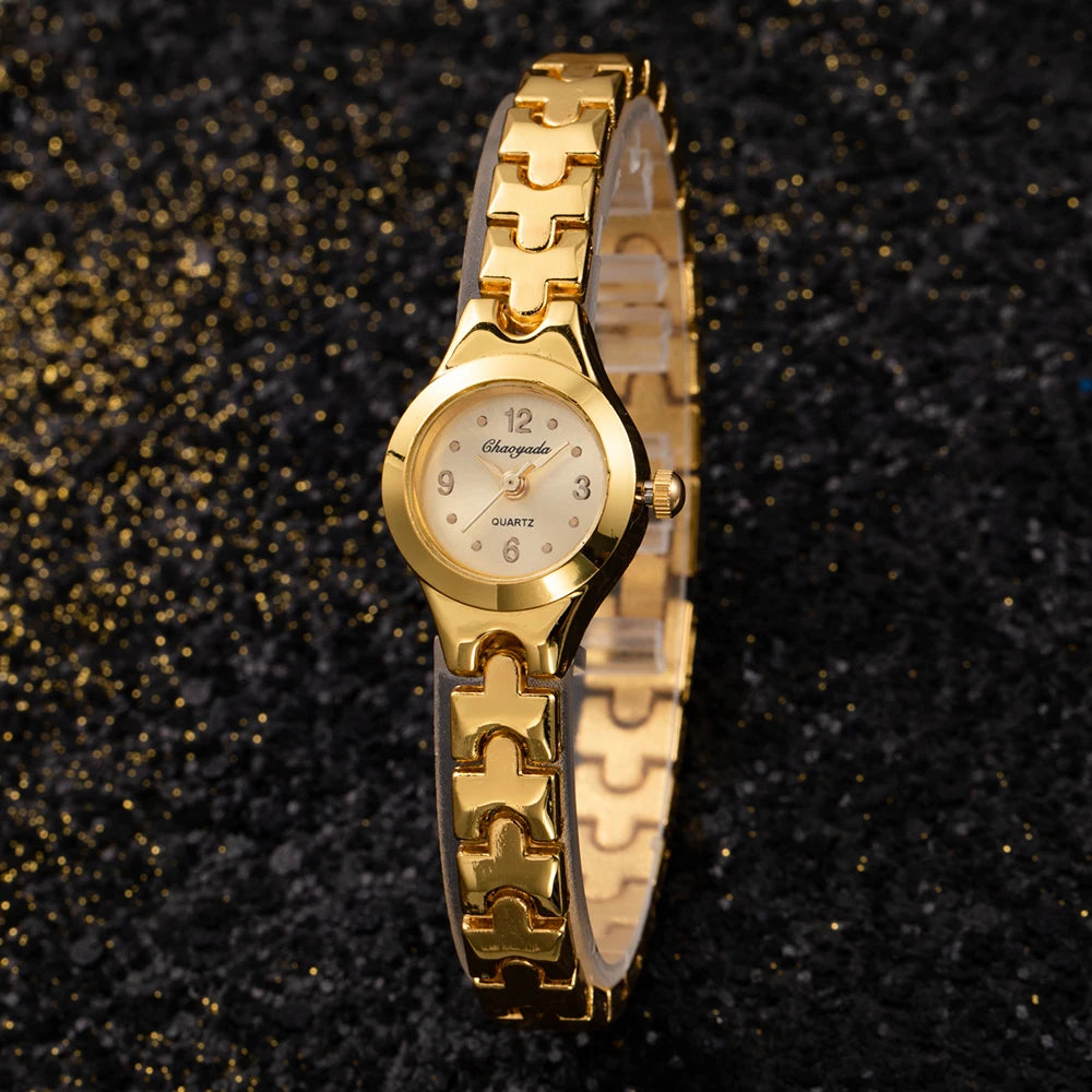 Golden Luxury Women's Bracelet Watch with Elegant Small Dial Quartz Design
