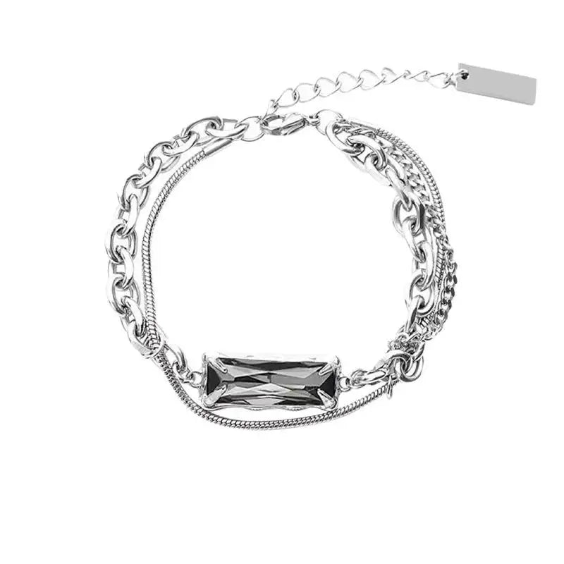 Silver Titanium Steel Bracelet with Black Zircon Geometric Chain Design Unisex