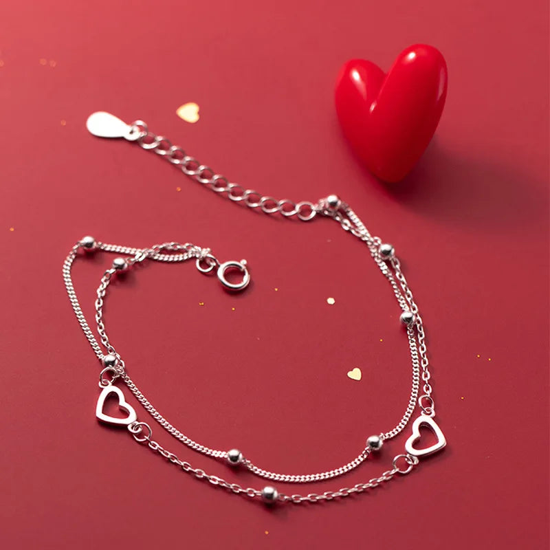 925 Sterling Silver Double Heart Bead Bracelet
