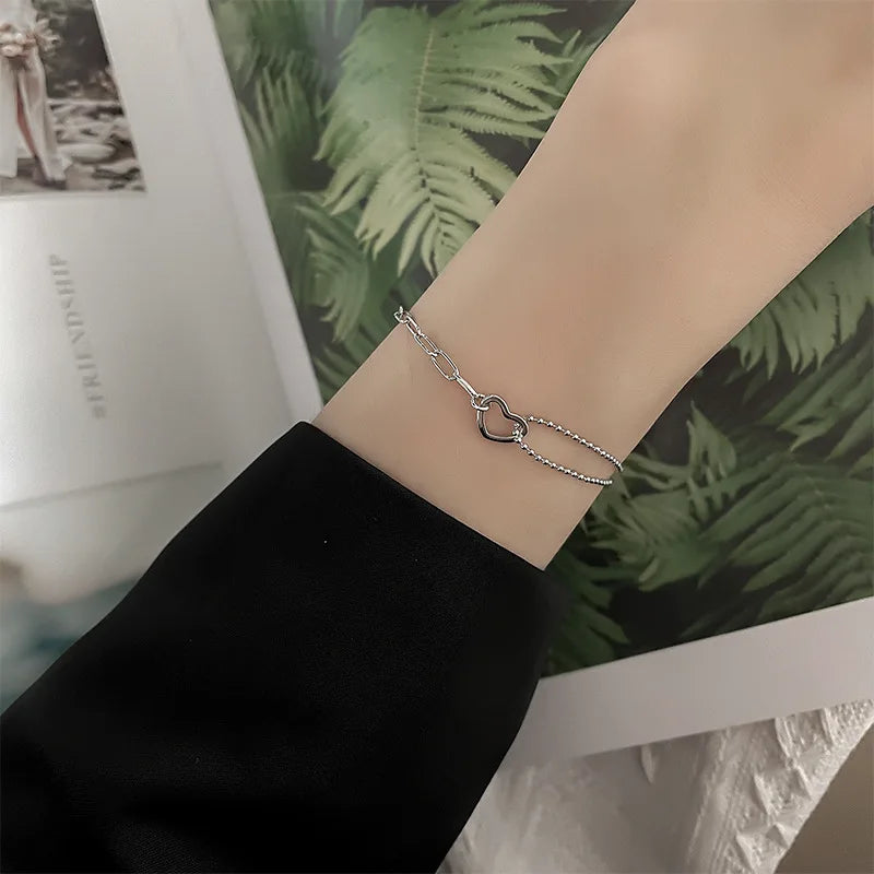 925 Sterling Silver Double Heart Bead Bracelet