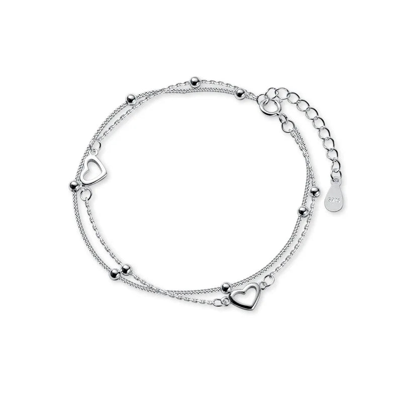 925 Sterling Silver Double Heart Bead Bracelet