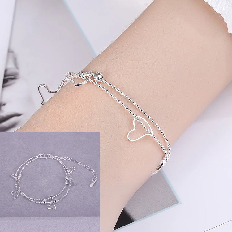 925 Sterling Silver Double Heart Bead Bracelet