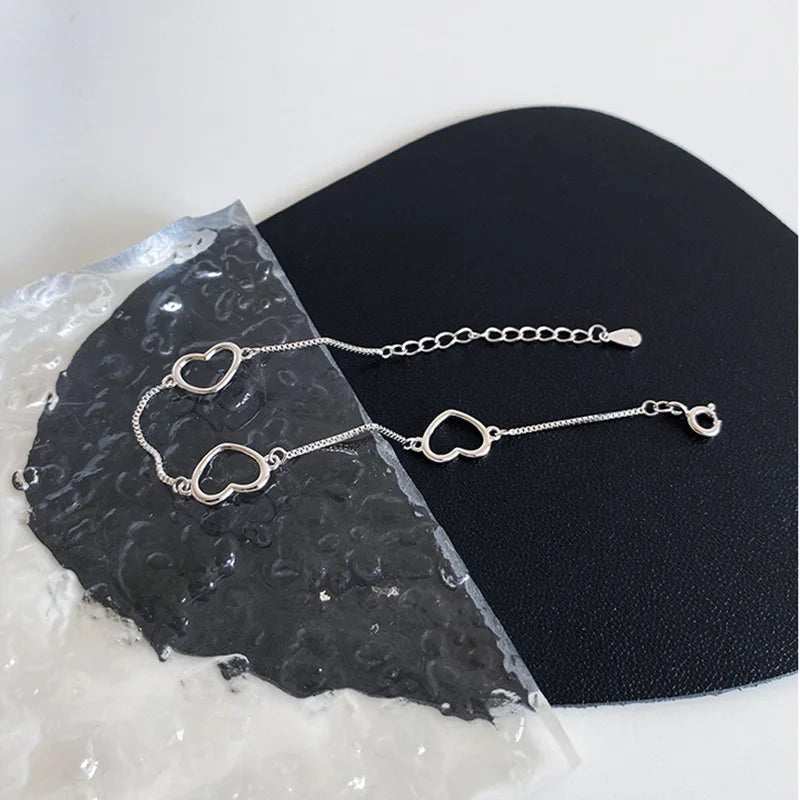 925 Sterling Silver Double Heart Bead Bracelet