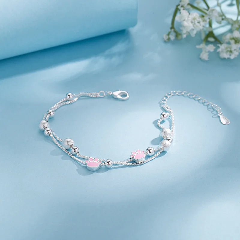925 Sterling Silver Double Heart Bead Bracelet