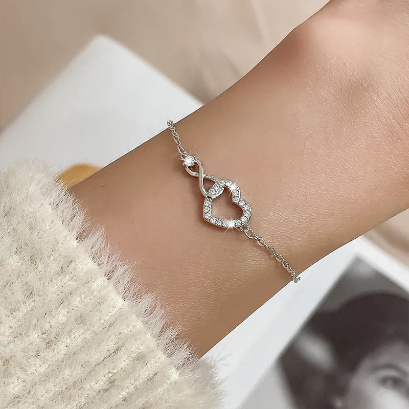 925 Sterling Silver Double Heart Bead Bracelet
