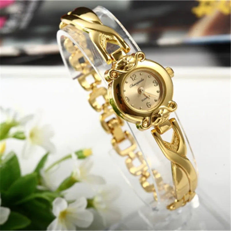 Golden Luxury Women's Bracelet Watch with Elegant Small Dial Quartz Design