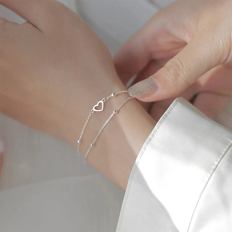 925 Sterling Silver Double Heart Bead Bracelet