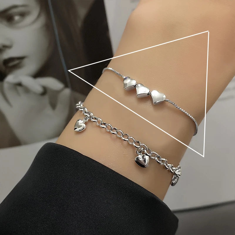 925 Sterling Silver Double Heart Bead Bracelet