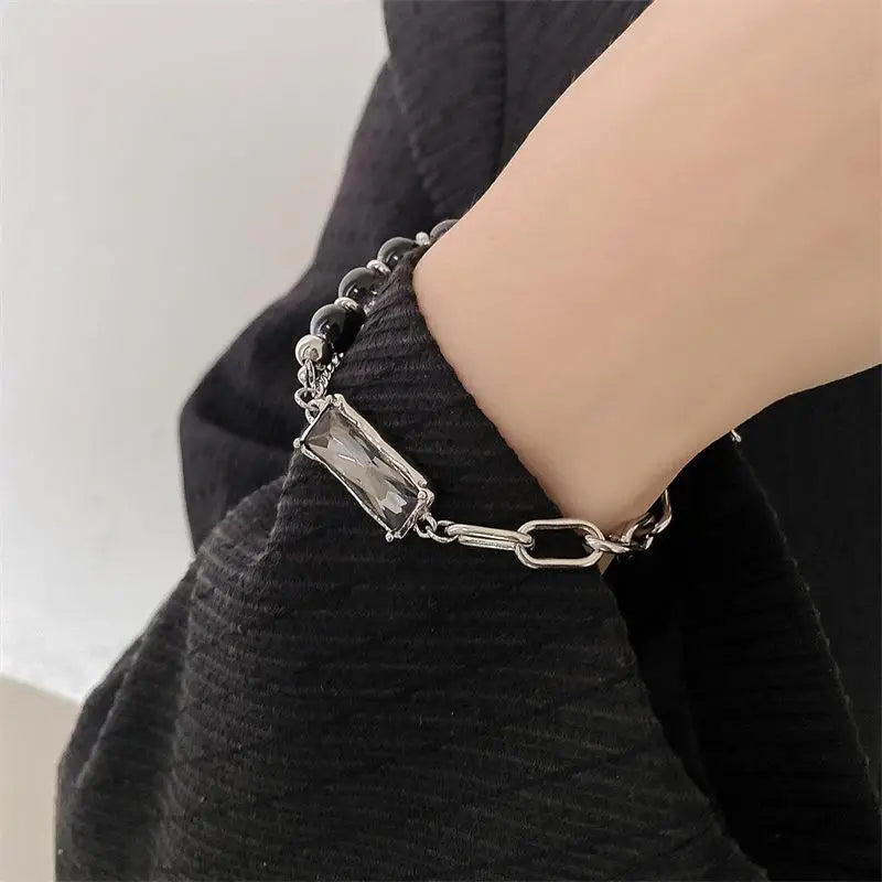 Silver Titanium Steel Bracelet with Black Zircon Geometric Chain Design Unisex