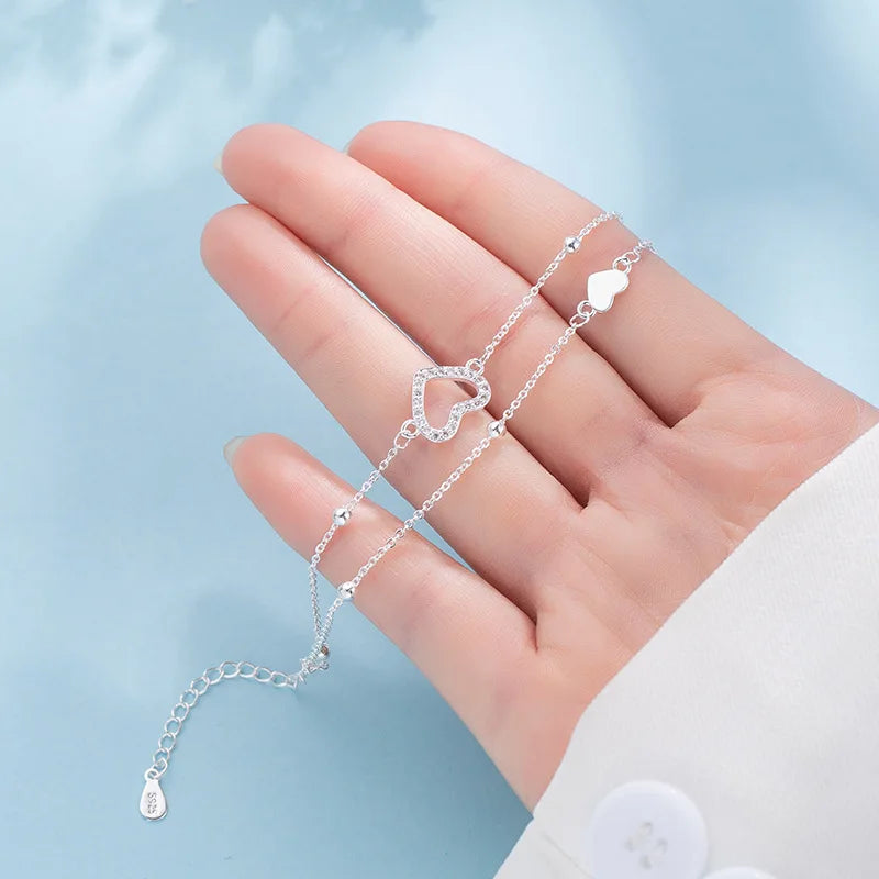 925 Sterling Silver Double Heart Bead Bracelet
