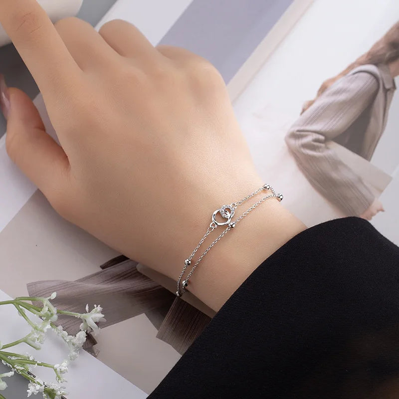 925 Sterling Silver Double Heart Bead Bracelet