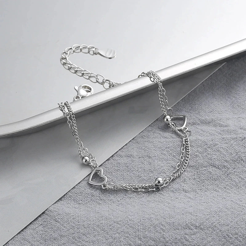925 Sterling Silver Double Heart Bead Bracelet