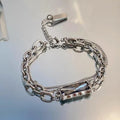 Silver Titanium Steel Bracelet with Black Zircon Geometric Chain Design Unisex