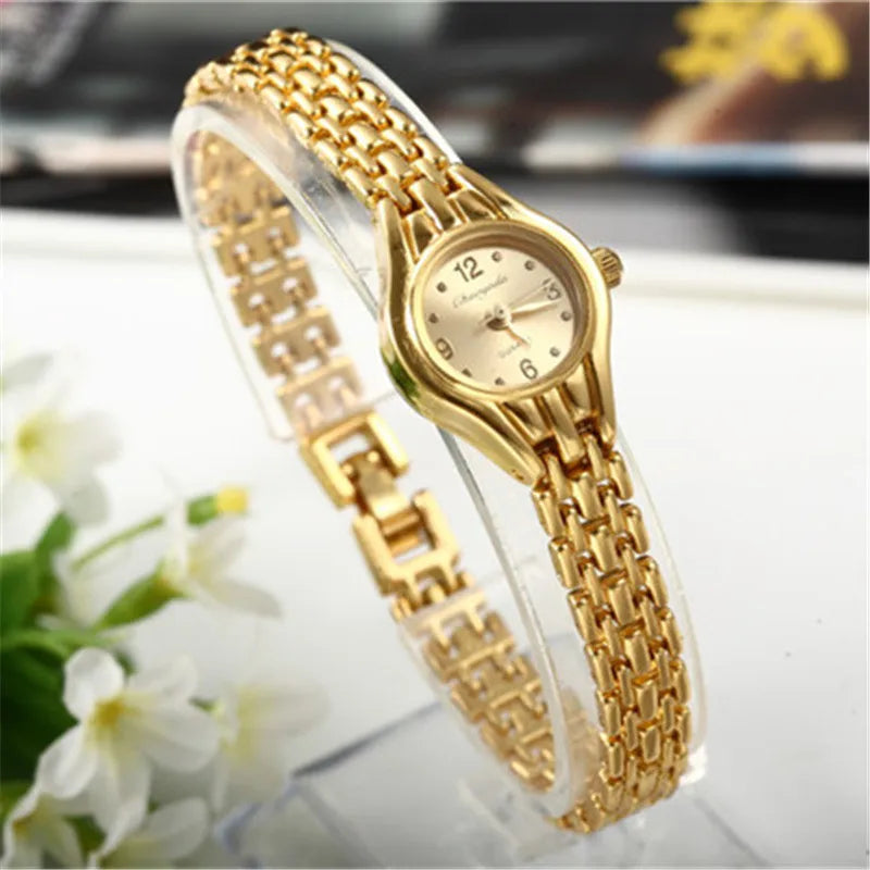 Golden Luxury Women's Bracelet Watch with Elegant Small Dial Quartz Design