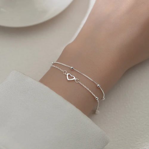 925 Sterling Silver Double Heart Bead Bracelet