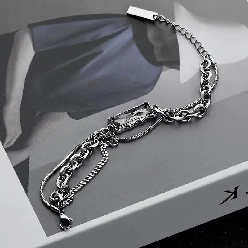 Silver Titanium Steel Bracelet with Black Zircon Geometric Chain Design Unisex