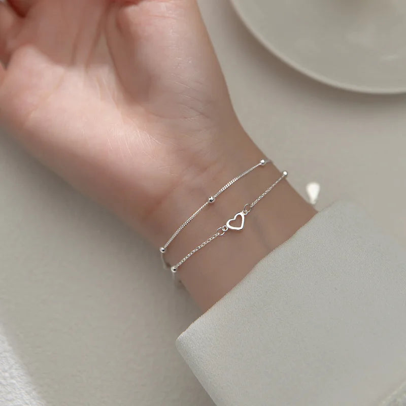 925 Sterling Silver Double Heart Bead Bracelet