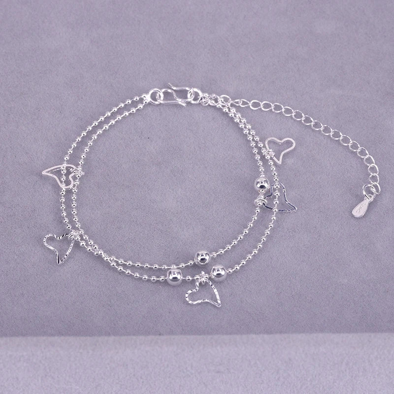 925 Sterling Silver Double Heart Bead Bracelet