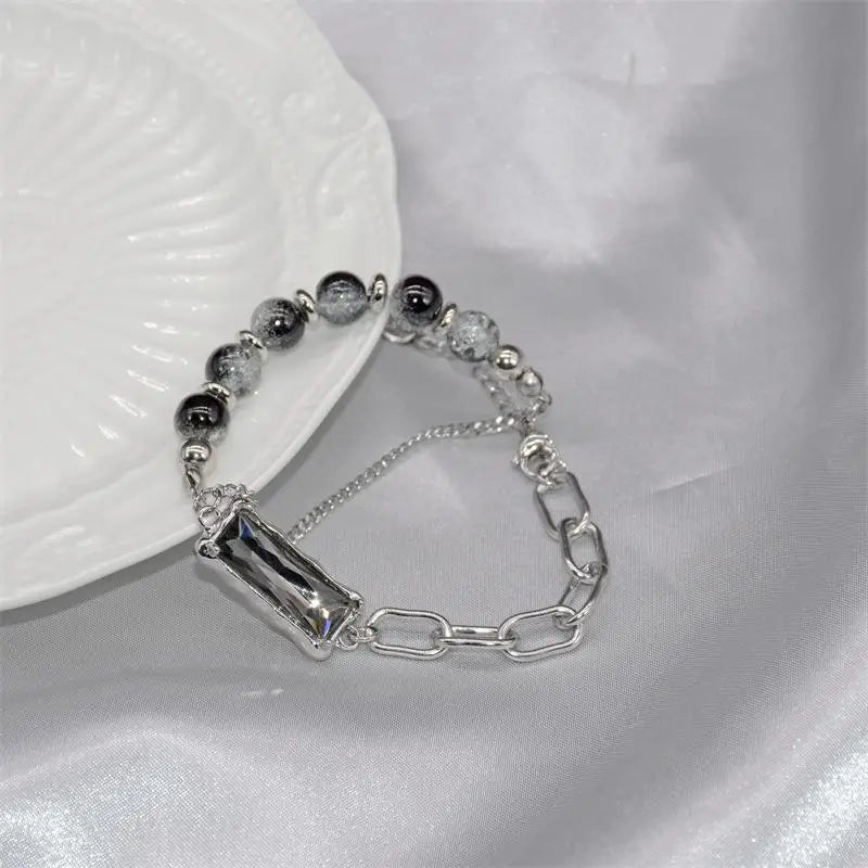 Silver Titanium Steel Bracelet with Black Zircon Geometric Chain Design Unisex