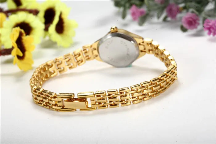 Golden Luxury Women's Bracelet Watch with Elegant Small Dial Quartz Design