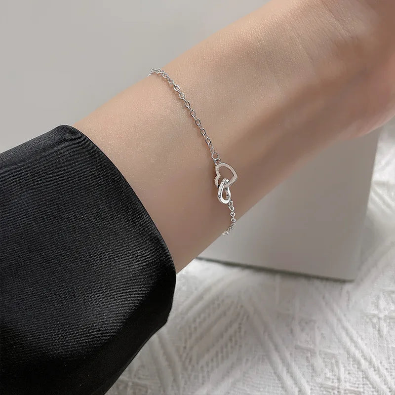 925 Sterling Silver Double Heart Bead Bracelet