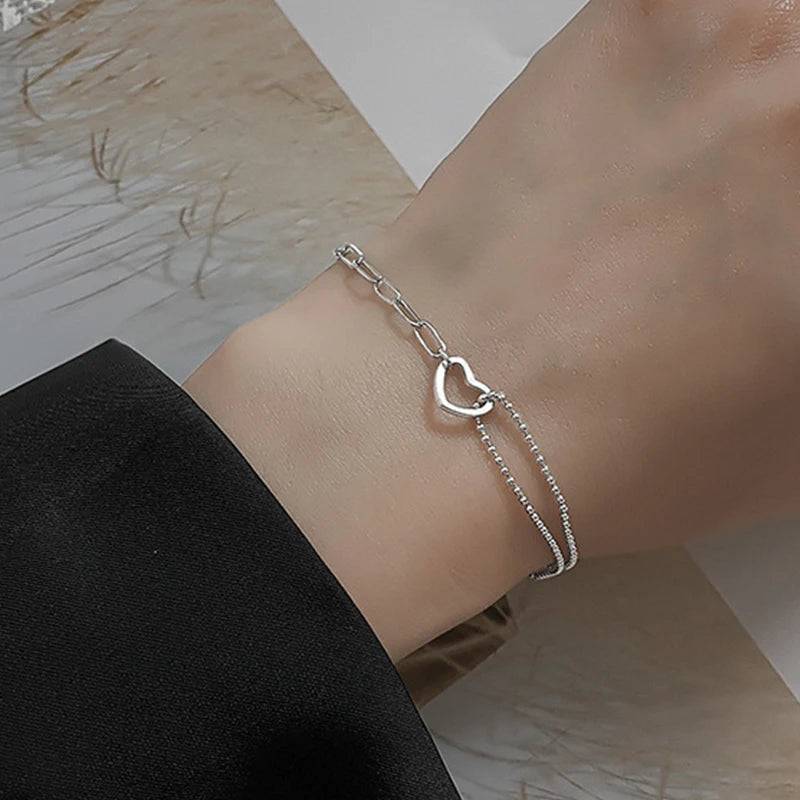 925 Sterling Silver Double Heart Bead Bracelet