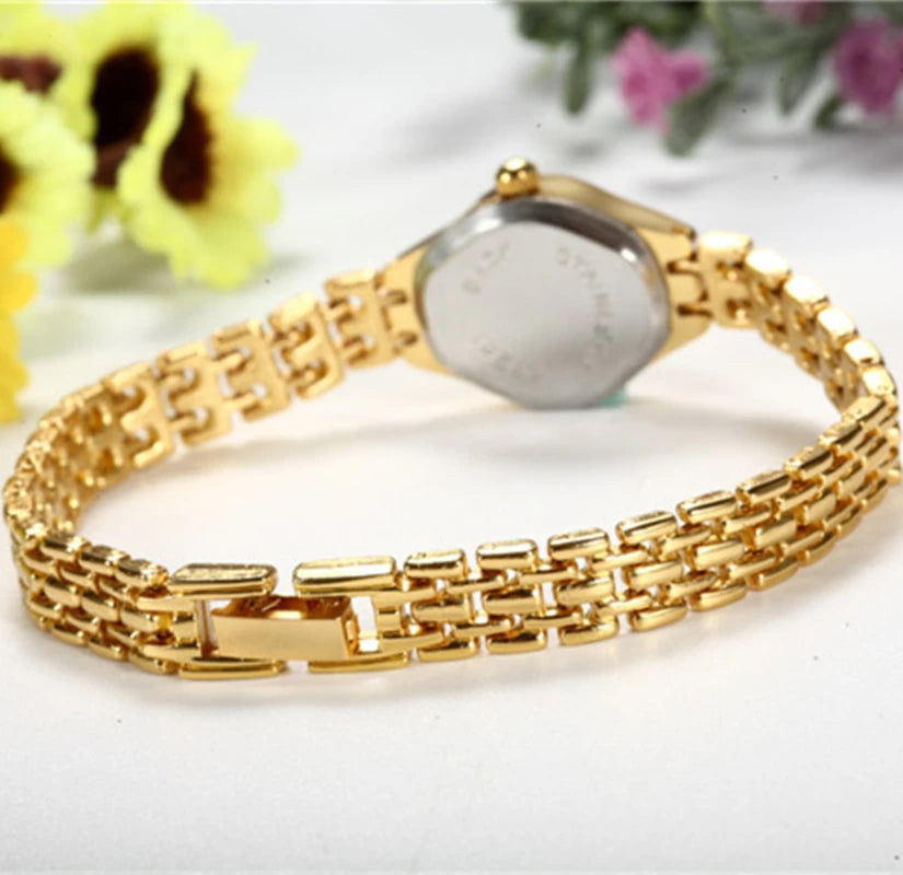 Golden Luxury Women's Bracelet Watch with Elegant Small Dial Quartz Design