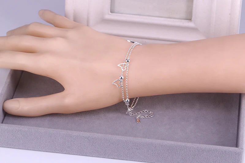 925 Sterling Silver Double Heart Bead Bracelet