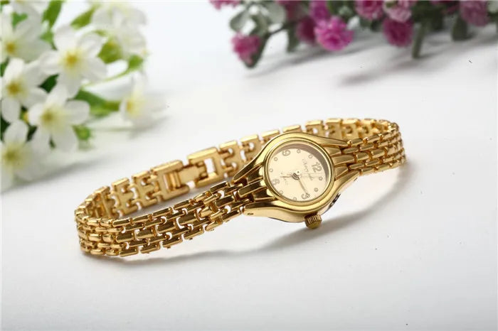 Golden Luxury Women's Bracelet Watch with Elegant Small Dial Quartz Design
